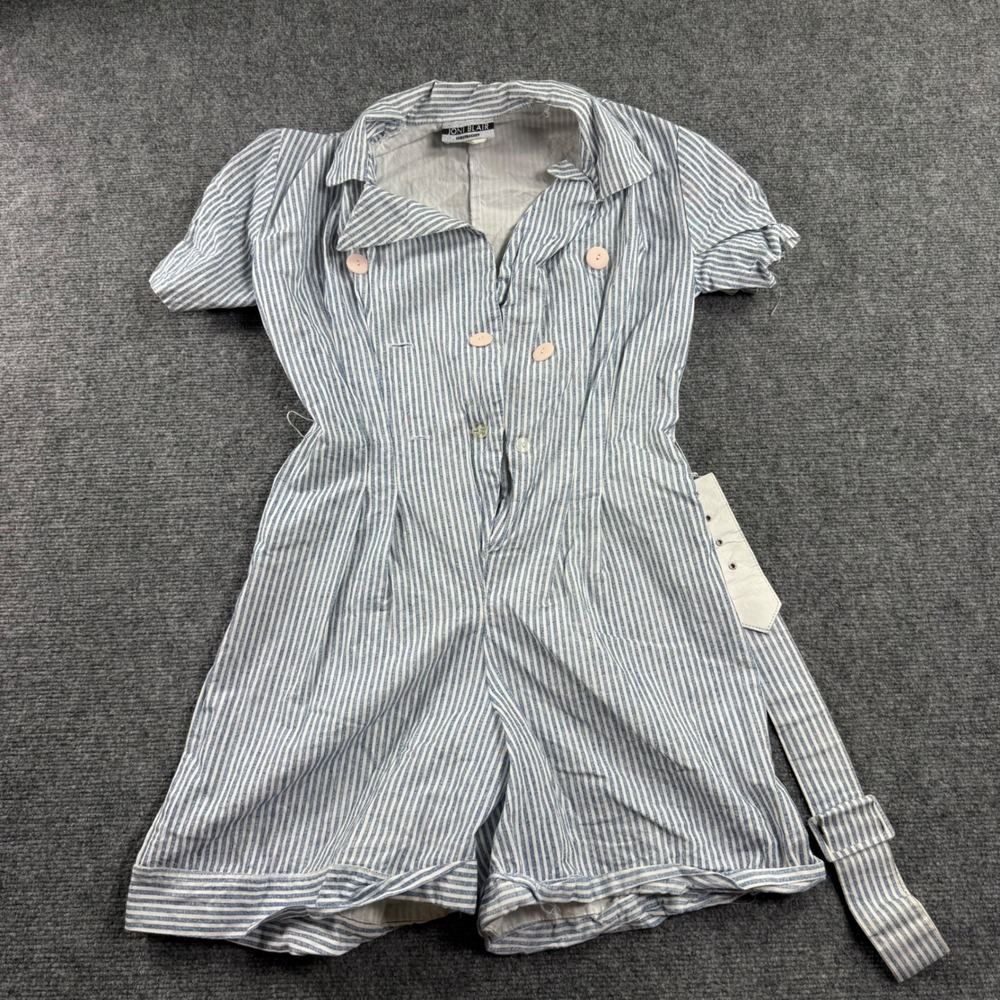 Joni Blair Romper Size 7 Blue White Striped Belted Cotton Vintage Flaw Women's